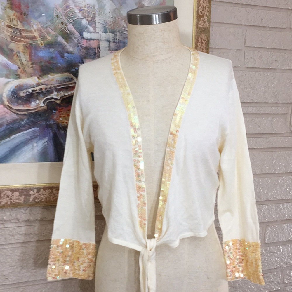 New York & Company Sequins Tie Front Cropped Top